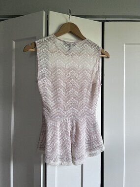 BCBGMaxAzria Sheer White Chevron Lace Peplum Sleeveless Blouse XS